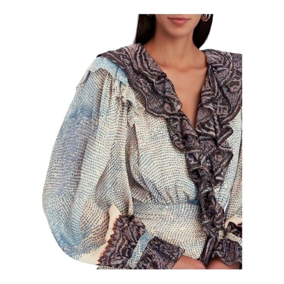 Ulla Johnson Sara Metallic Blue Stripe Ruffle Long Sleeve Silk Mini Dress - Picture 6 of 10